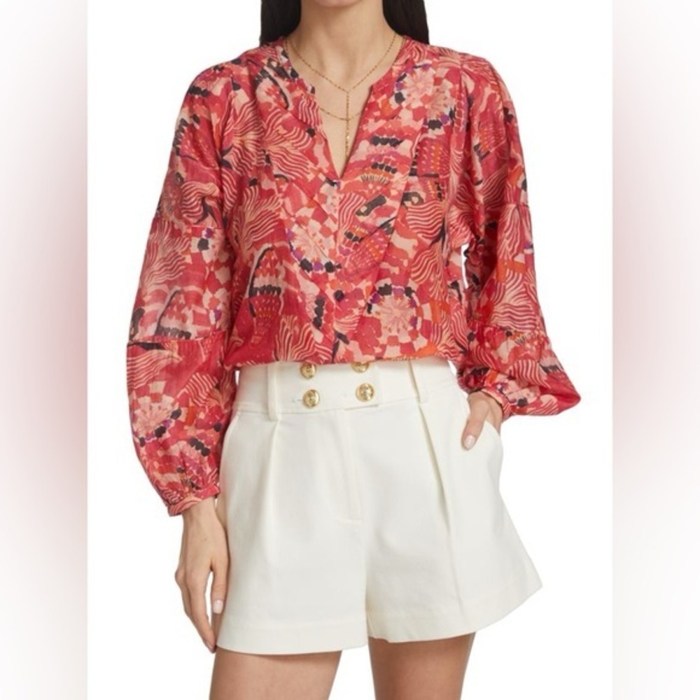 Chufy Cotton Silk Gone Jammin Orange Red Floral Cliff Balloon Sleeve Blouse
